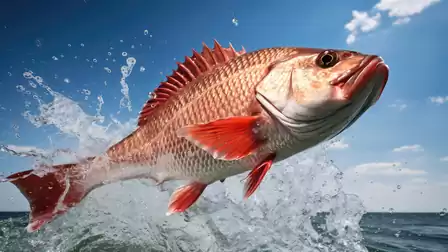 A Red Drum jumping out of the water under a blue sky with some clouds. The image dynamically captures the movement of the fish in the air.