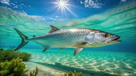 A Tarpon swims beneath the sunlit sea surface with clear turquoise water and a blue sky in the background.