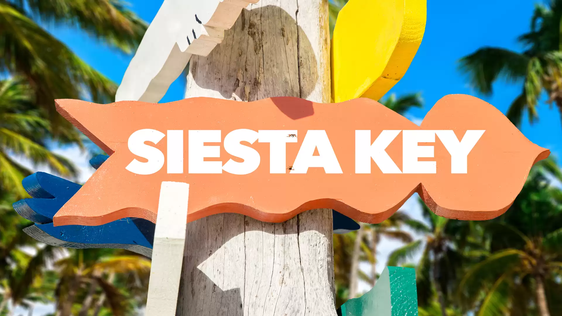 Colorful sign reading 'Siesta Key' with a tropical background of palm trees.