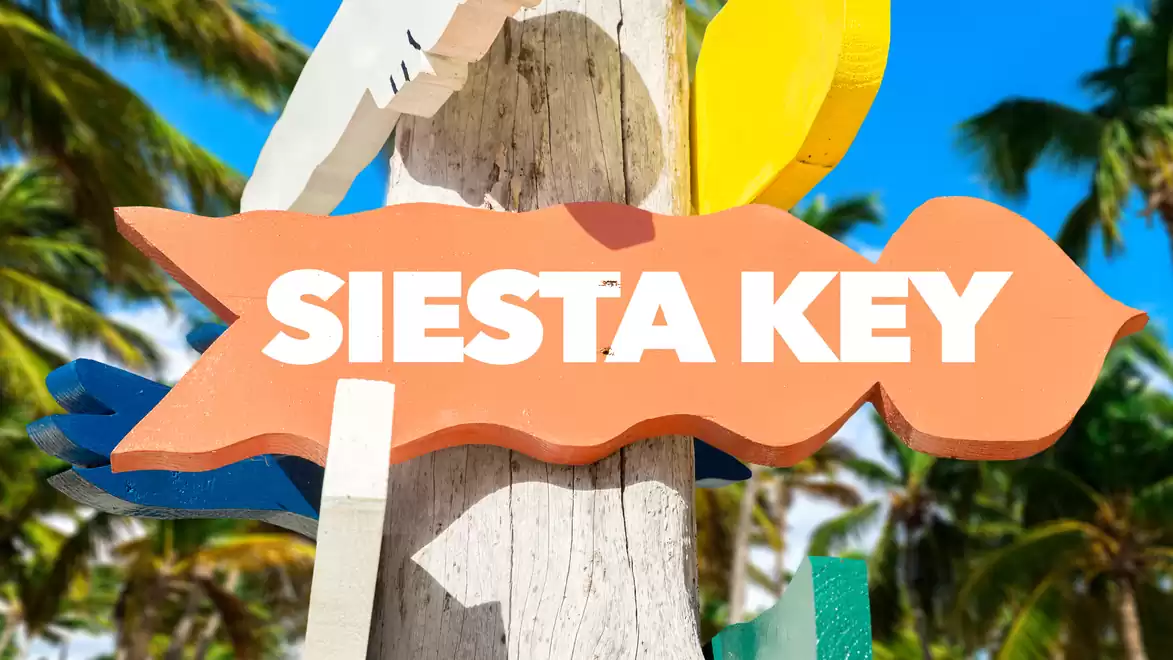 Colorful sign reading 'Siesta Key' with a tropical background of palm trees.