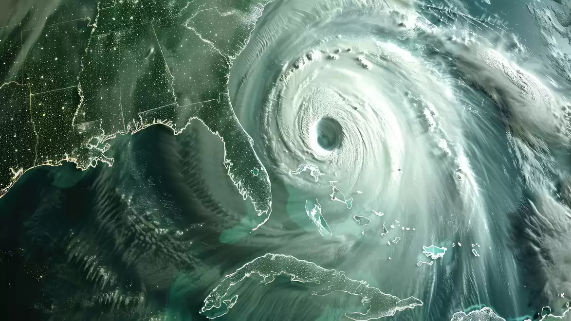 Satellite image of a massive hurricane over the North Atlantic, with a clearly visible structure and the east coast of the USA in the background.