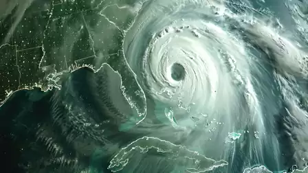 Satellite image of a massive hurricane over the North Atlantic, with a clearly visible structure and the east coast of the USA in the background.