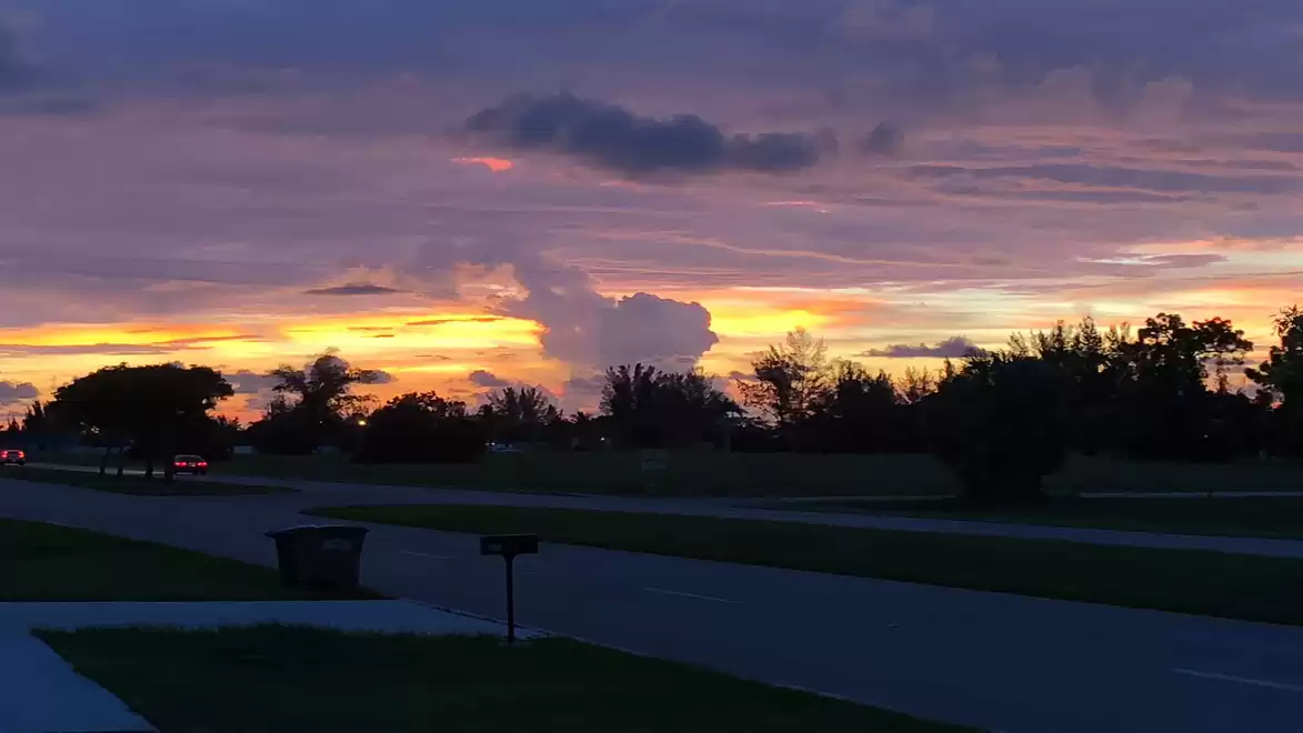 Evening sky with a picturesque sunset over a road and dark silhouettes of trees.