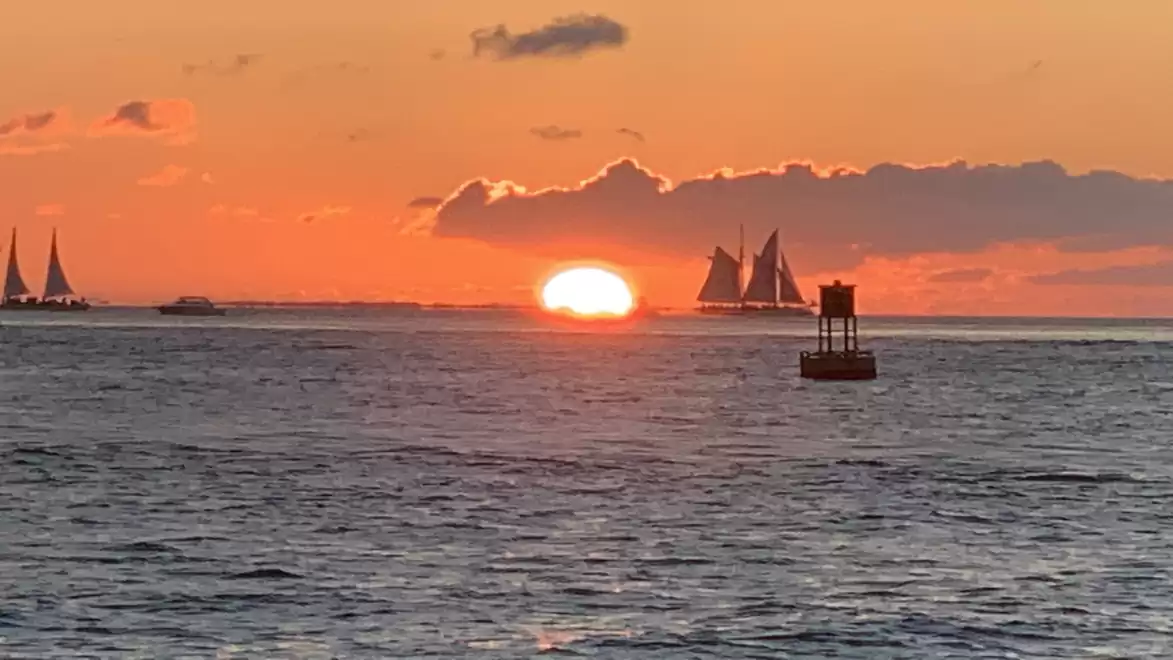 A picturesque sunset over the sea with several sailboats and a buoy in the foreground.