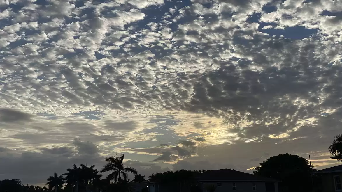 A sky full of clouds at sunset over a silhouette of houses and palm trees.