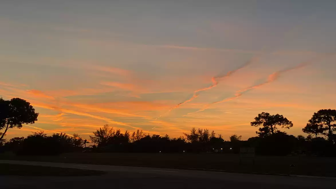 A spectacular sunset with orange and pink clouds over a dark landscape with trees.