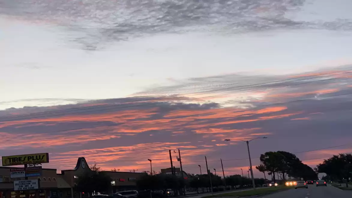 A street view at sunset with vibrant pink and purple clouds in the sky. Buildings and trees line the road.