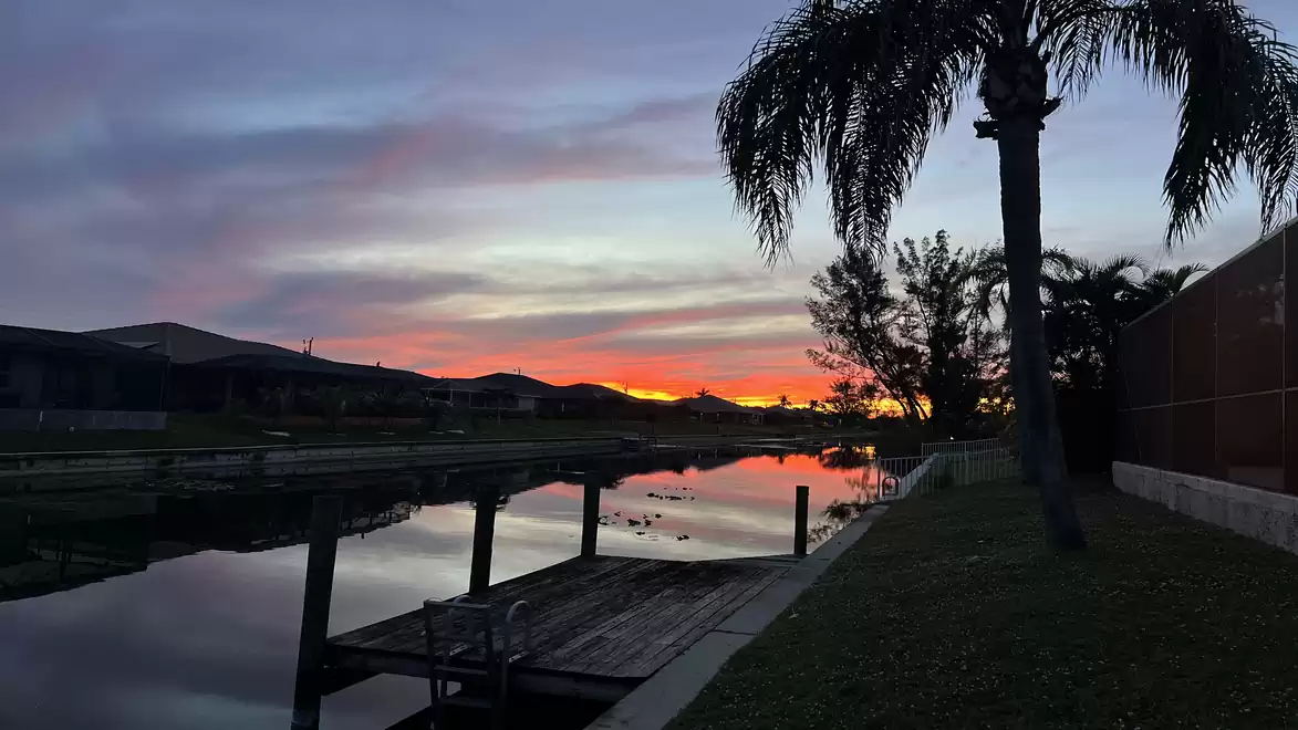 Sunset with palm trees and calm river in tropical landscape