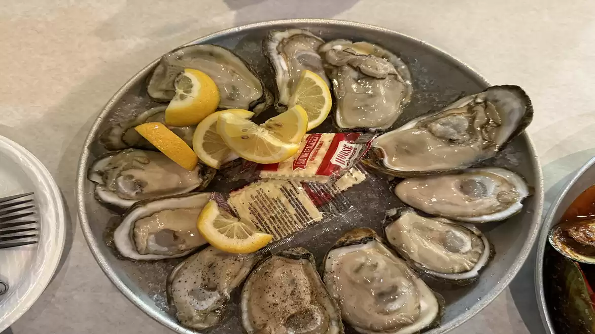 A plate of fresh oysters garnished with lemon slices and butter, served on a table.