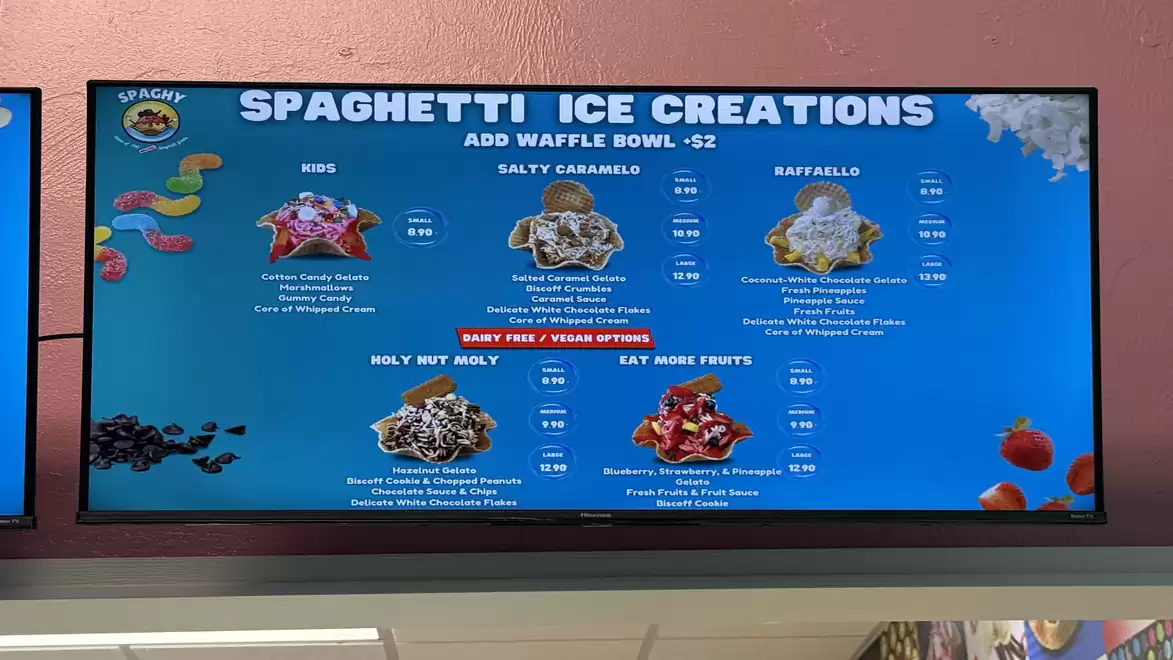 A display image of a menu with various spaghetti ice cream creations, including options like 'Kids', 'Salty Caramello', 'Raffaello', and more, with prices listed.