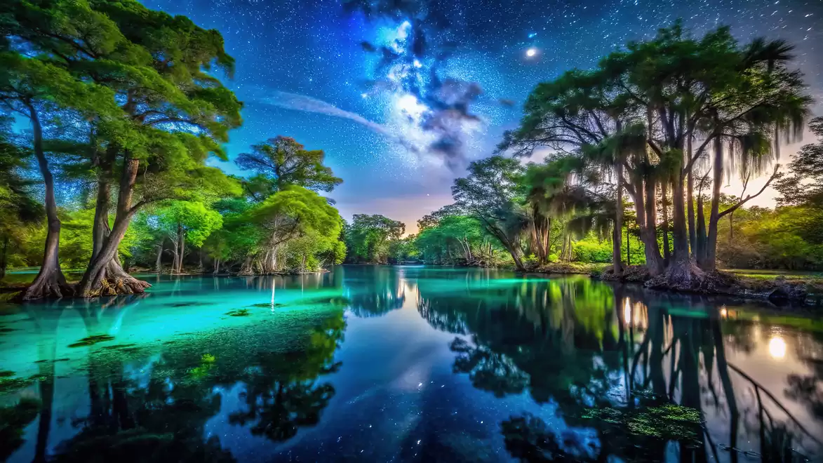 Starry night over a calm lake with lush trees and vibrant blue water.