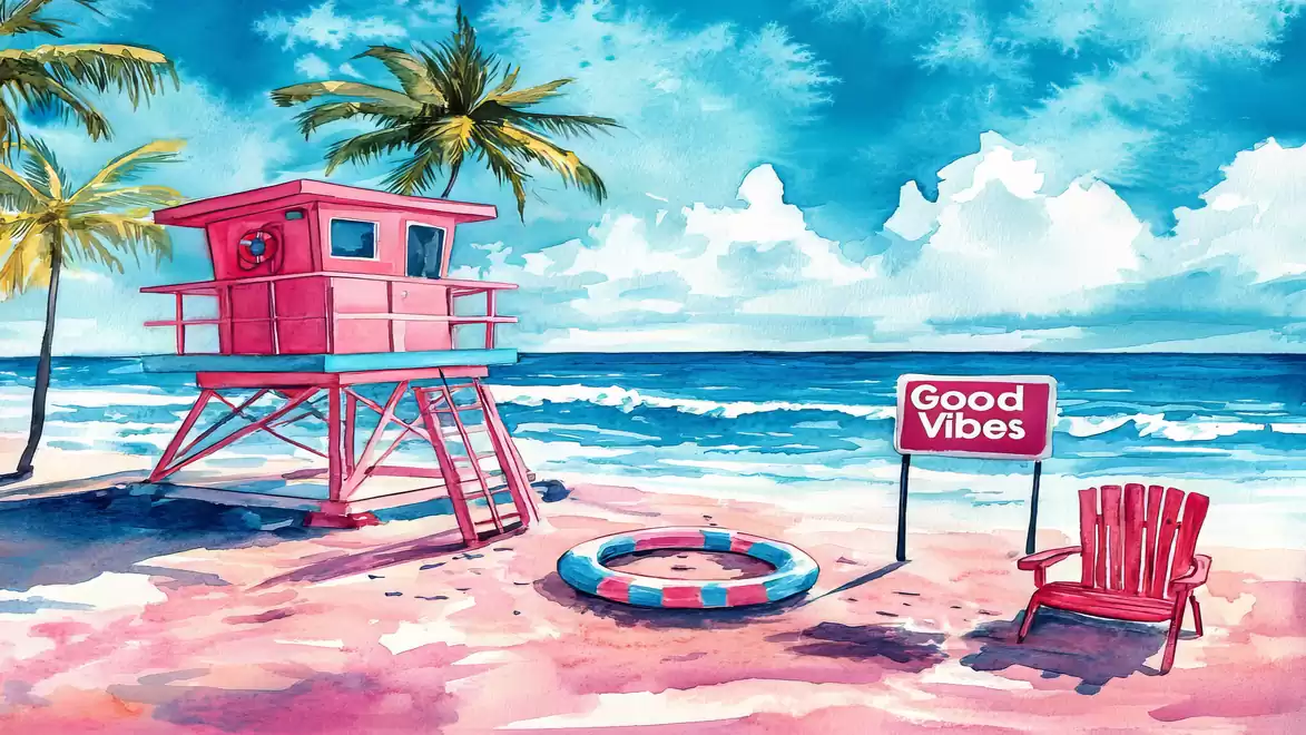 A bright, cheerful beach scene featuring a pink lifeguard tower, a palm tree, a colorful swim ring, a red beach chair, and a sign reading 'Good Vibes' on the sand with a clear blue sky.