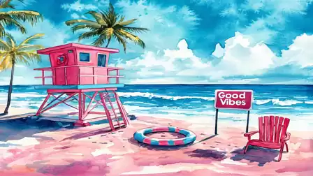 A bright, cheerful beach scene featuring a pink lifeguard tower, a palm tree, a colorful swim ring, a red beach chair, and a sign reading 'Good Vibes' on the sand with a clear blue sky.