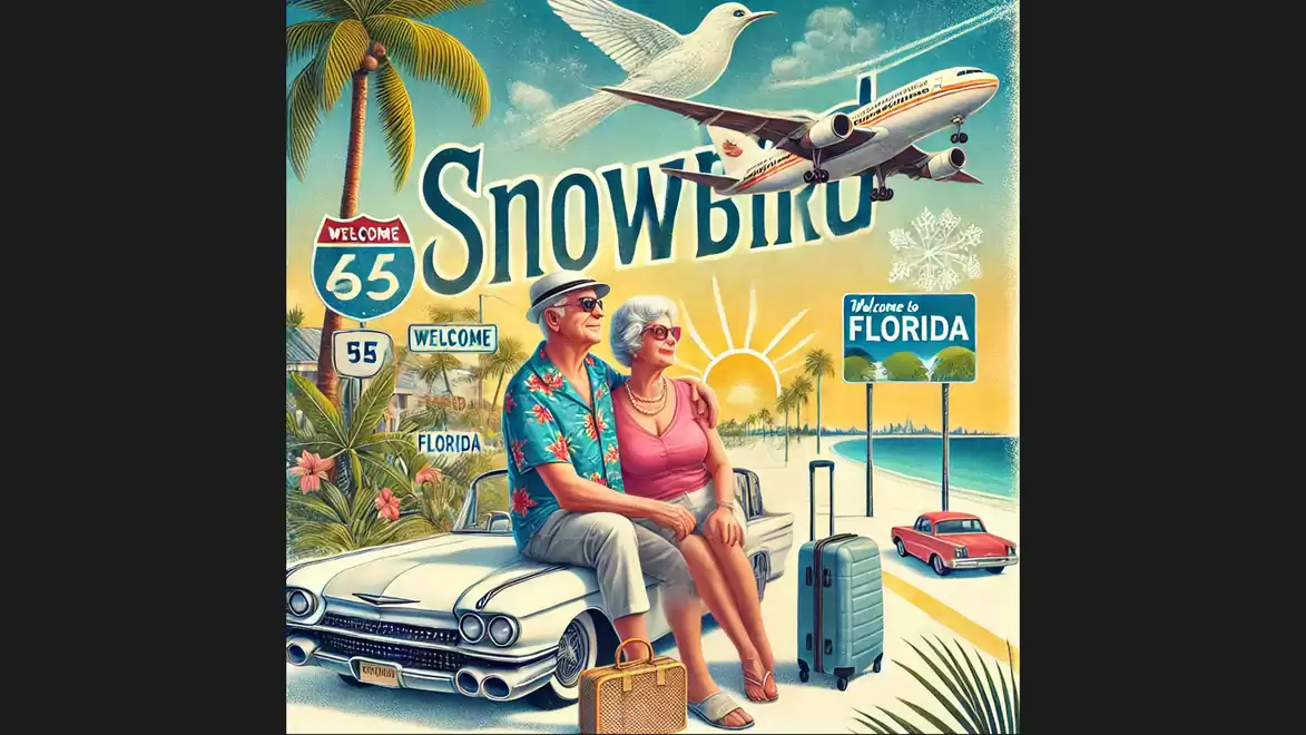 An elderly couple sits on a car in Florida, wearing summer clothing. In the background are palm trees, a flying bird, an airplane, and a sign that says 'Welcome to Florida'.