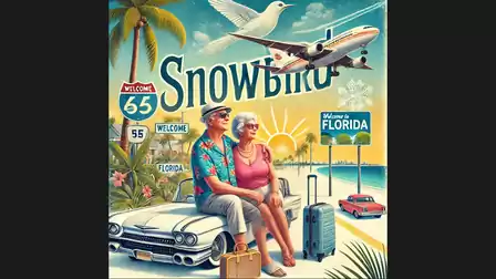 An elderly couple sits on a car in Florida, wearing summer clothing. In the background are palm trees, a flying bird, an airplane, and a sign that says 'Welcome to Florida'.