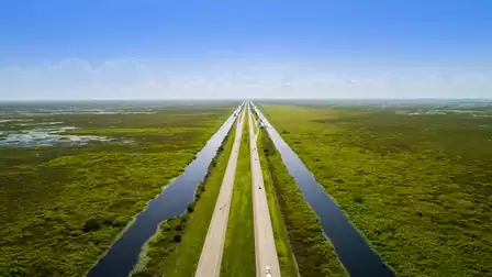 Aerial view of the Alligator Alley, a long, straight road surrounded by green landscape and two parallel water channels under a blue sky.