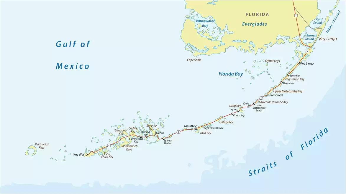 Map of the Florida Keys with roads and geographic markers, showing the highway and islands in the Gulf of Mexico and the Straits of Florida.