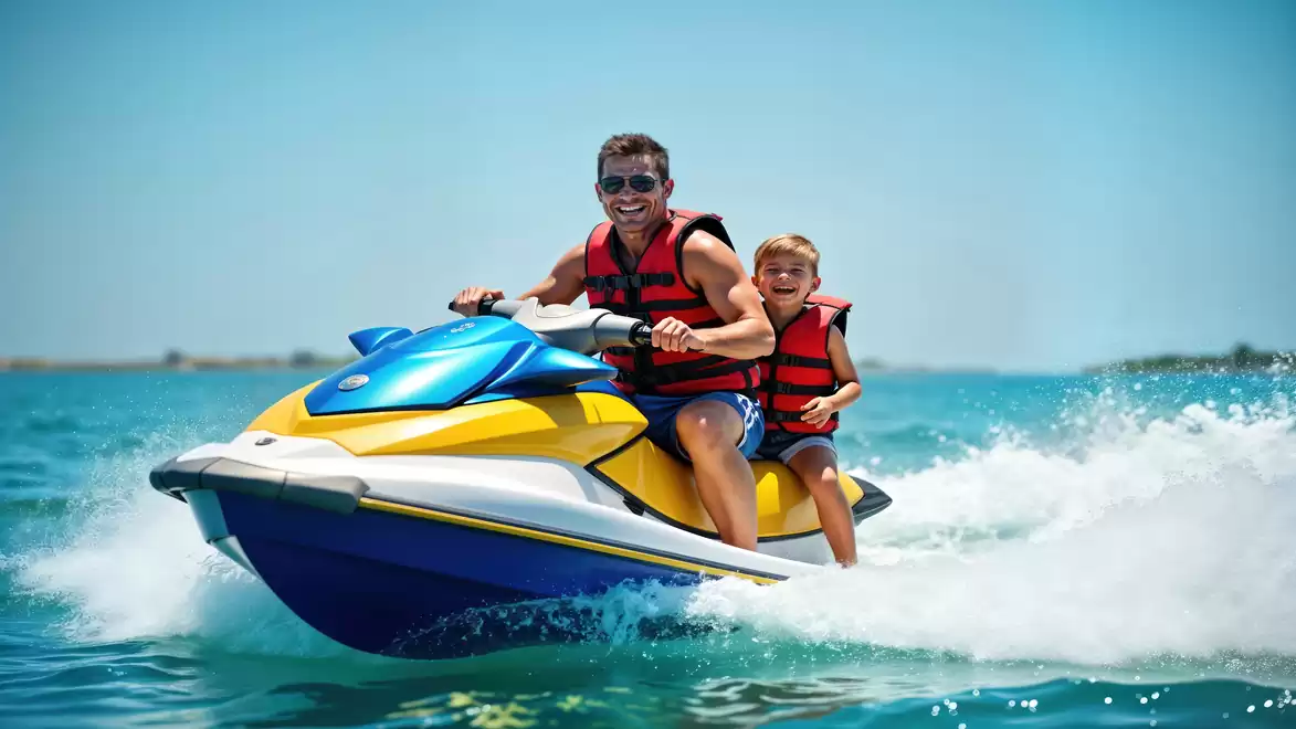 Father and son joyfully riding a jet ski on a blue sea under sunny weather.