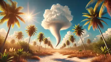 A surreal landscape with palm trees and a tapering cloud resembling a tornado under a sunny sky.