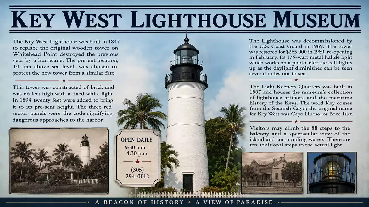 An informational poster about the Key West Lighthouse Museum with images of the lighthouse and historical facts.