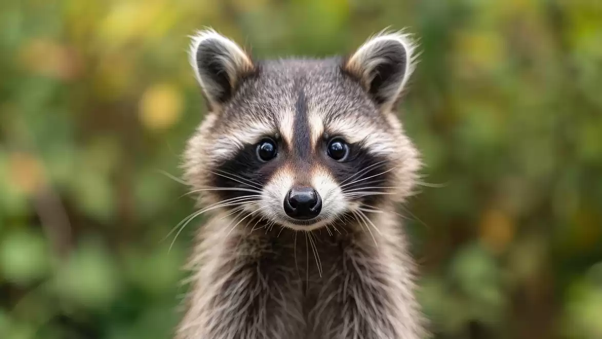 A young raccoon looks curiously at the camera, surrounded by a blurred green background.