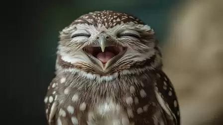 Close-up of a laughing owl with closed eyes and an open beak.