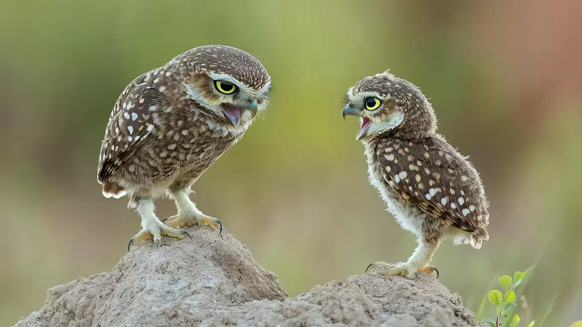 Two burrowing owls sitting on a rock. One appears to be shouting at the other.