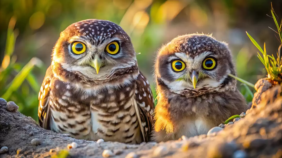 Two burrowing owls with bright yellow eyes sitting together on the ground, surrounded by green grass and soil.