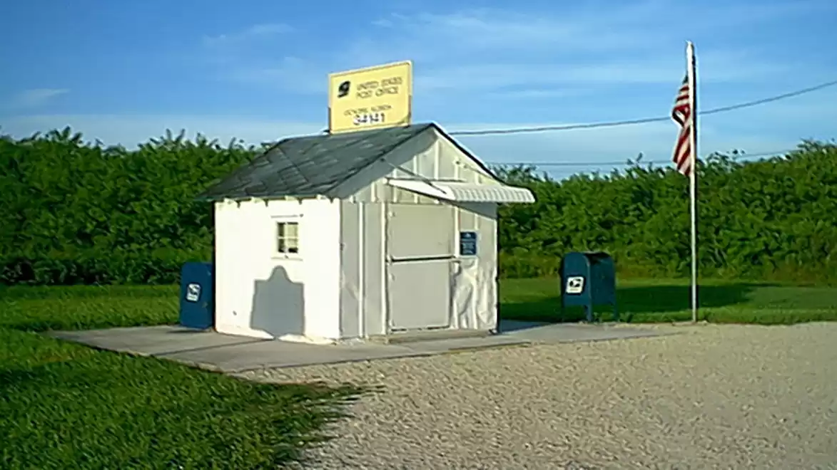 A small white post office building with a USPS sign and an American flag next to it, surrounded by green bushes.