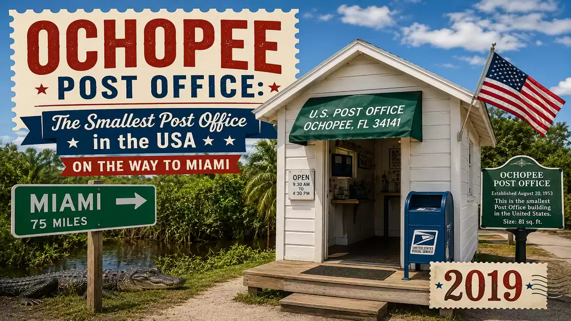 A small post office in Ochopee, Florida with an American flag and a signpost to Miami, 75 miles away. 2019.