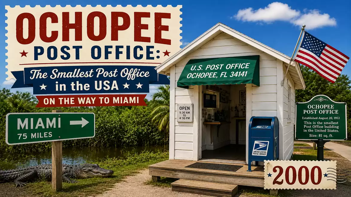 Smallest post office in the USA located in Ochopee, Florida, with an American flag and signpost to Miami.