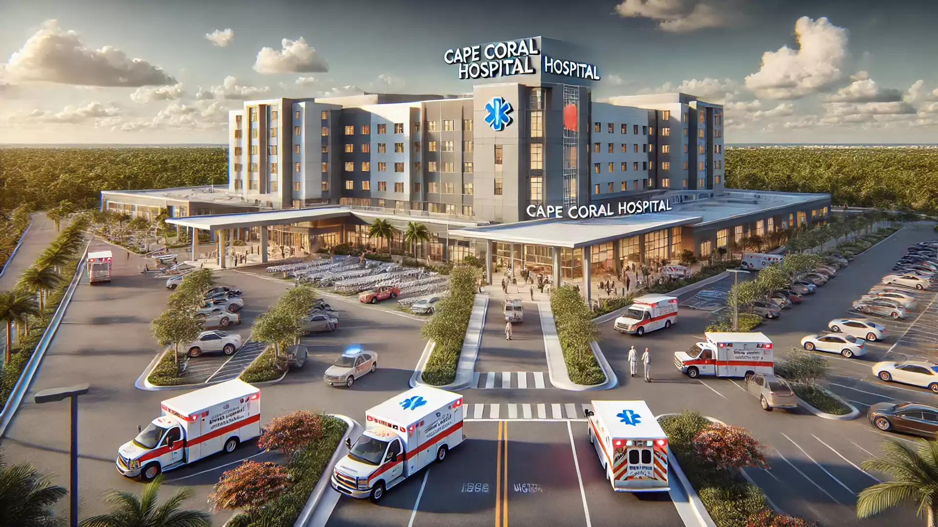 Aerial view of a modern hospital with several ambulances in the foreground and a large parking lot.