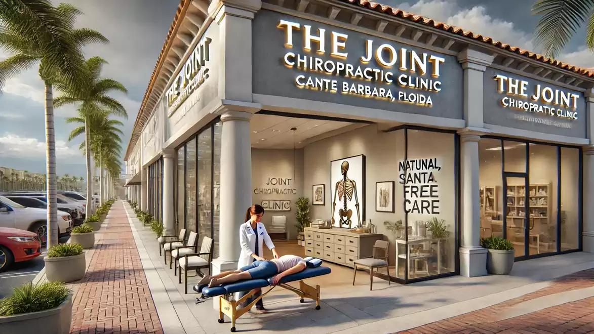 View of a modern chiropractic clinic in a sunny shopping center with a professional treating a patient. The entrance is decorated with palm trees along the walkway.