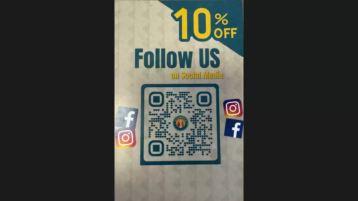 Poster with '10% off' message, urging to scan the QR code and follow on social media. Facebook and Instagram icons are visible.