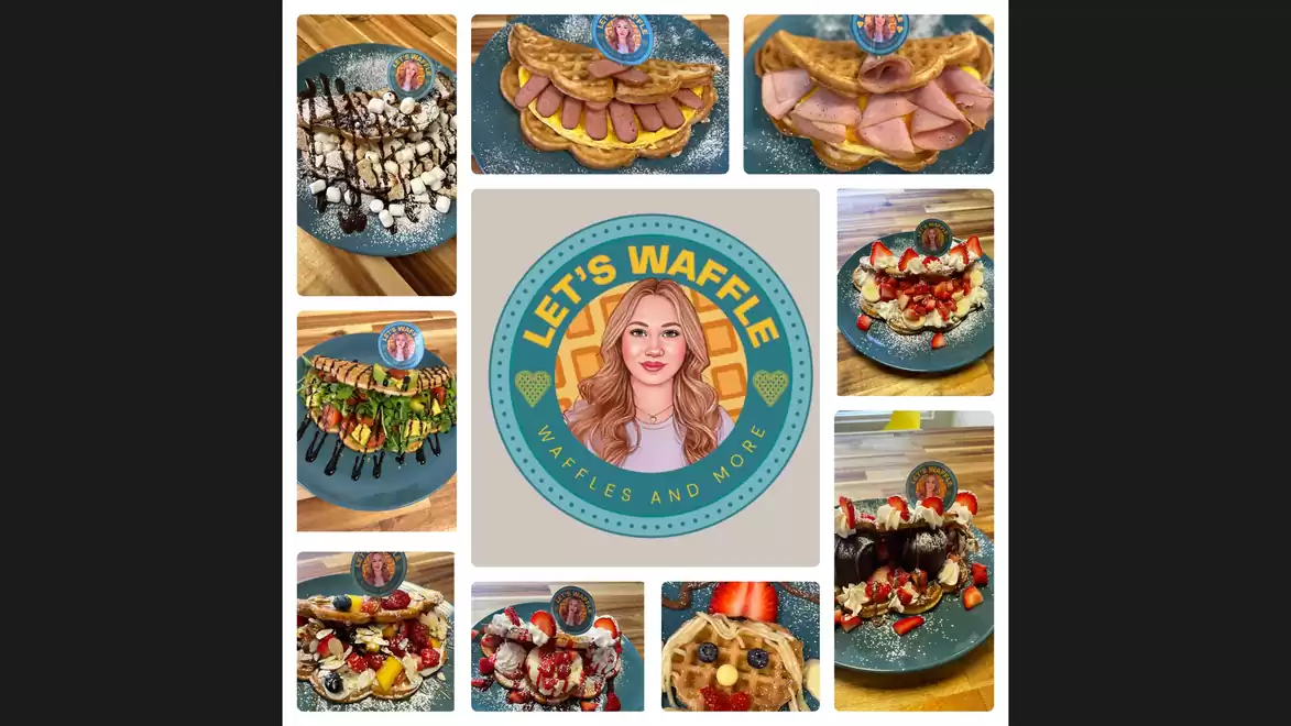 Collage of various waffles with toppings like fruits, chocolate, and ham. In the center, a logo with a woman and the text 'Let's Waffle'.
