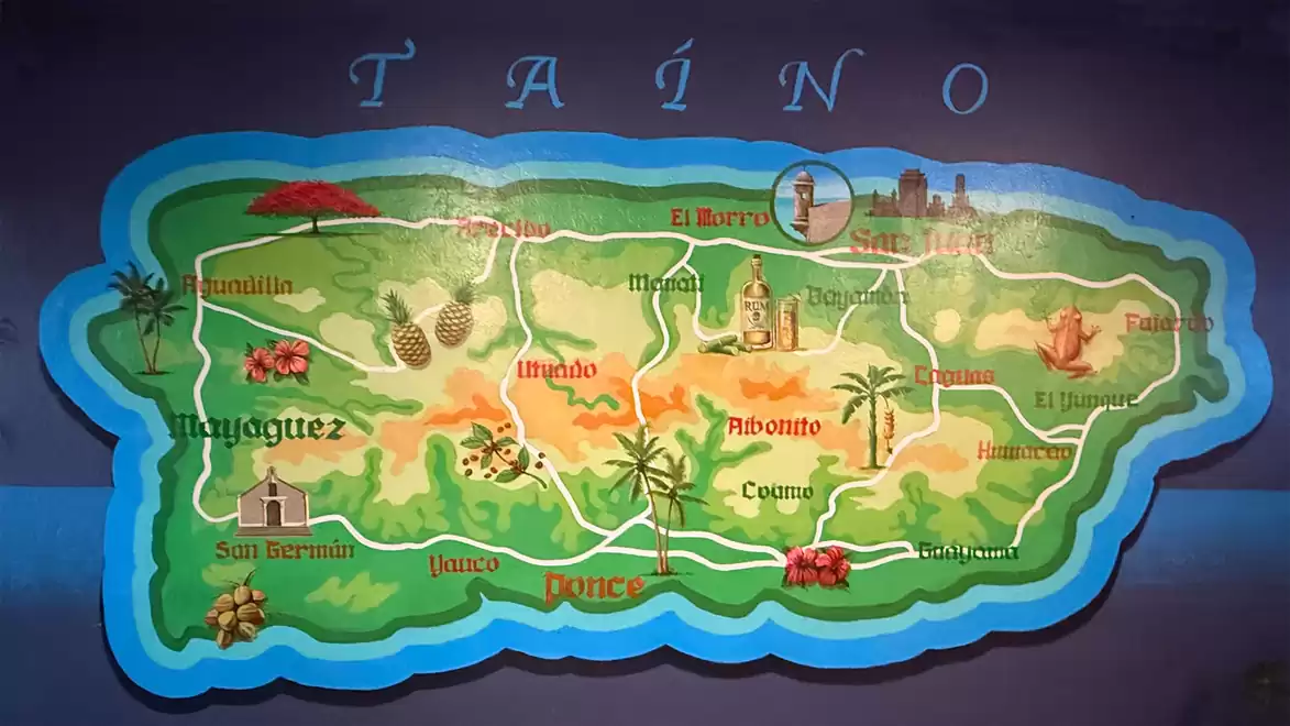 Illustration of a map of Puerto Rico with place names and symbols.