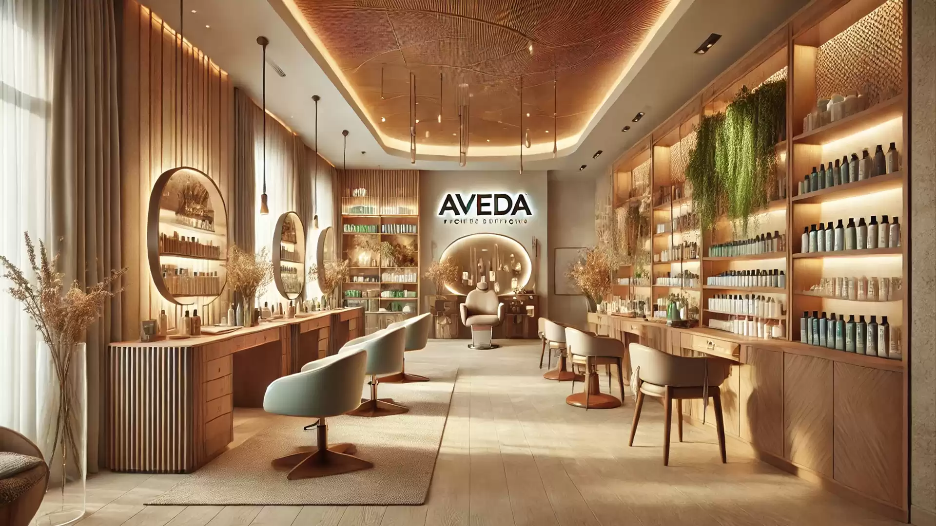 Interior view of a stylish Aveda beauty salon with modern furniture, mirrors, and shelves filled with products.