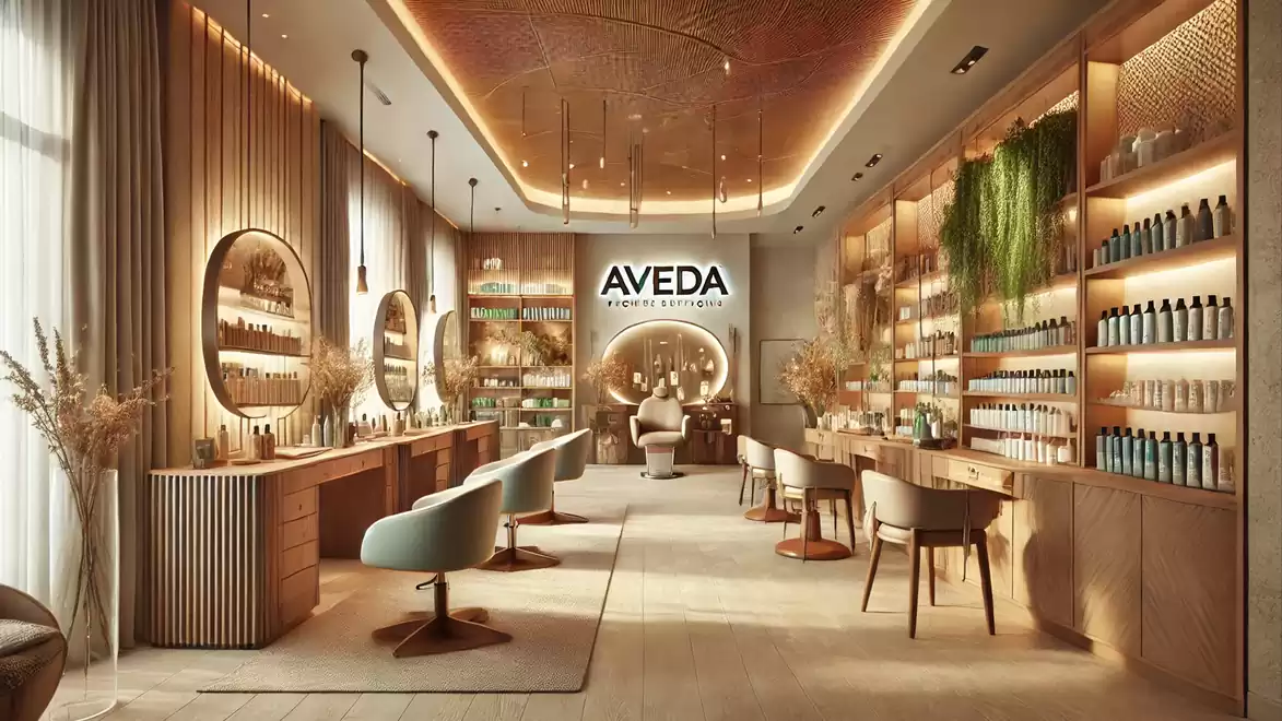 Interior view of a stylish Aveda beauty salon with modern furniture, mirrors, and shelves filled with products.
