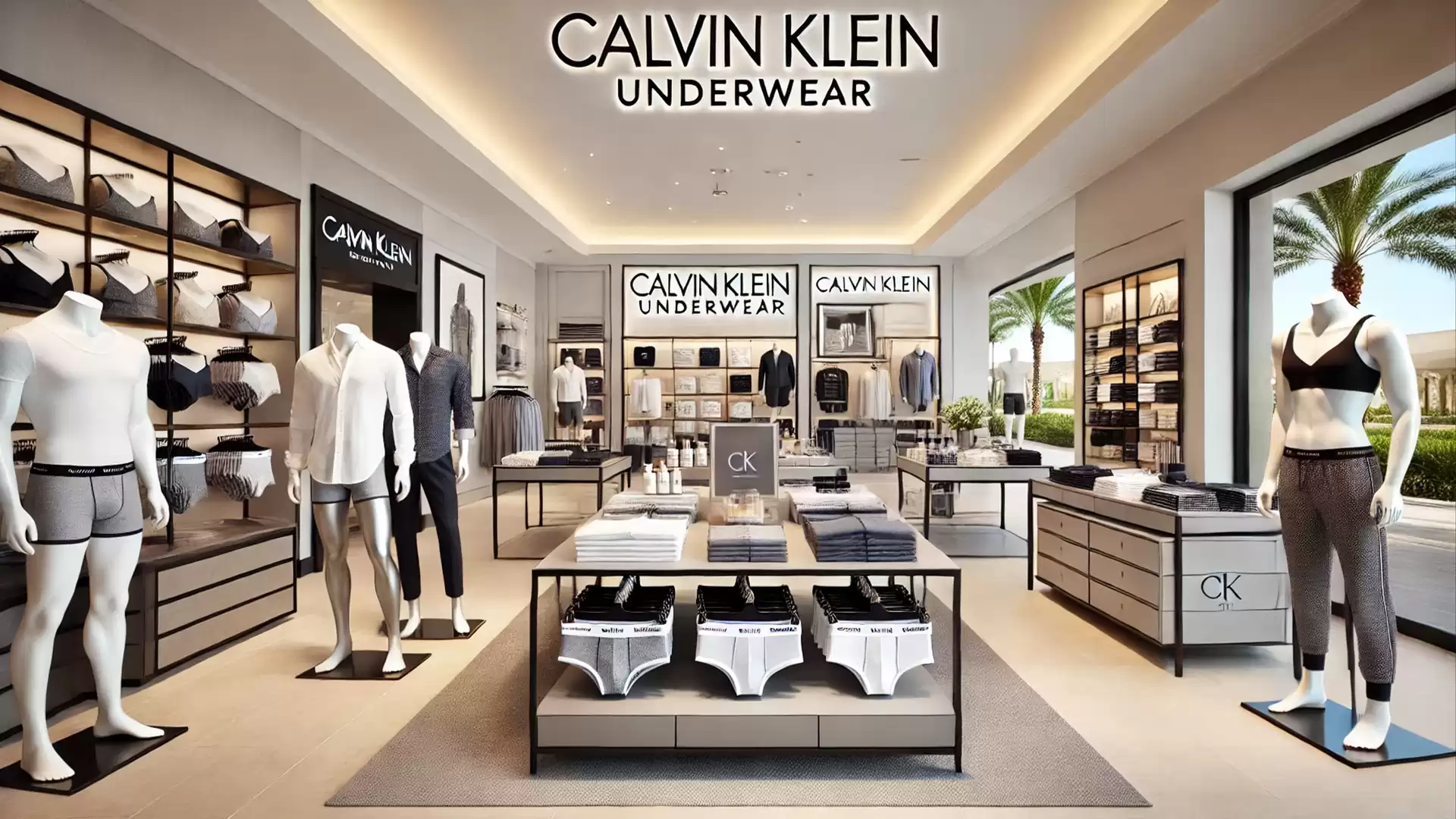Calvin Klein underwear store with modern mannequins and elegant interior design.