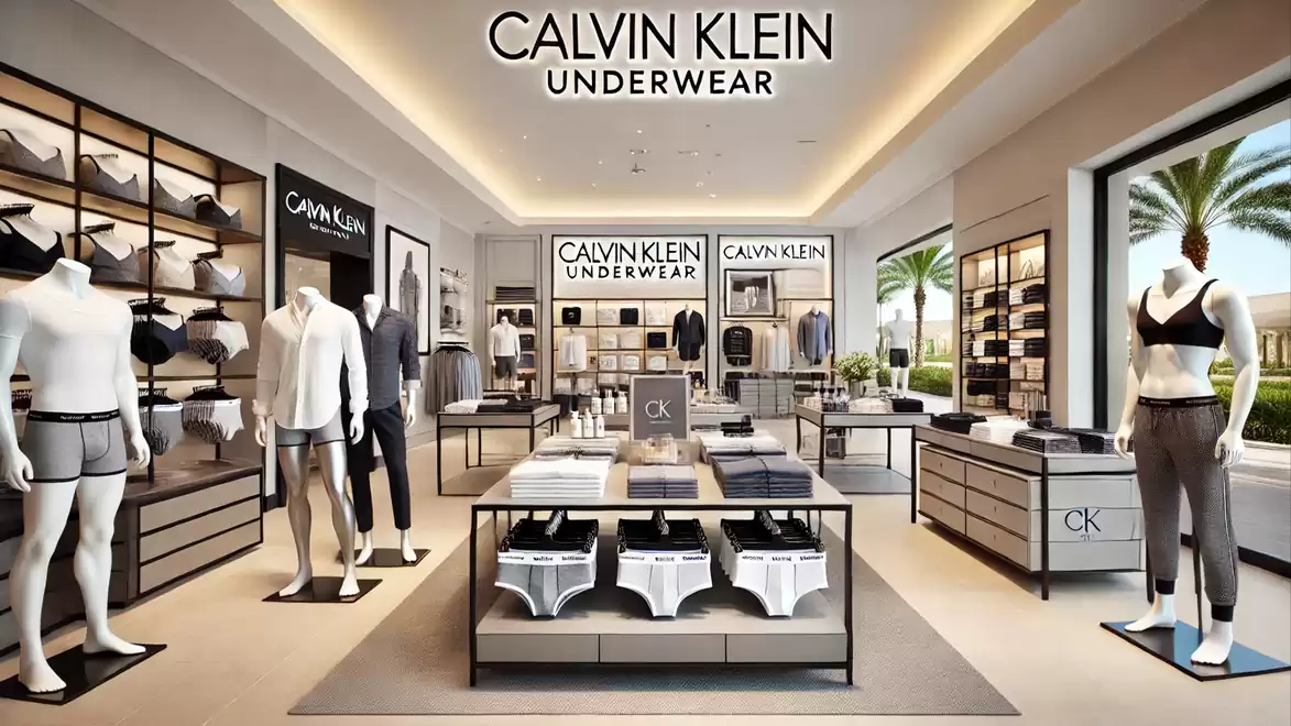 Calvin Klein underwear store with modern mannequins and elegant interior design.