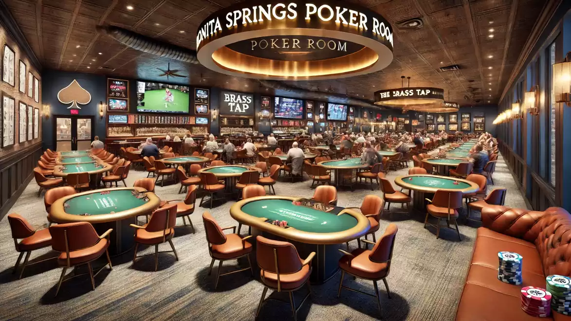 A large, elegant poker room with numerous gaming tables, leather chairs, and large screens on the walls. The atmosphere is lively, with many players at the tables.