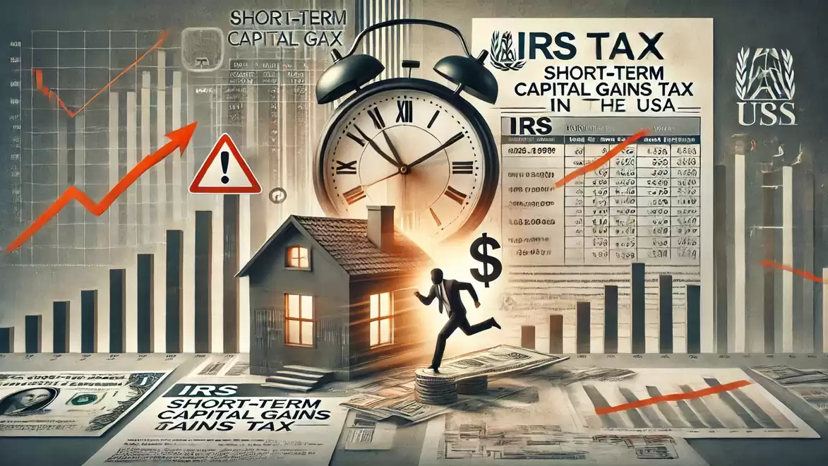 Illustration of a short-term tax in the USA with a house, charts, a clock, and graphics about capital gains tax.