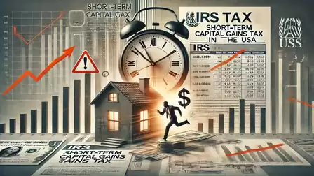 Illustration of a short-term tax in the USA with a house, charts, a clock, and graphics about capital gains tax.