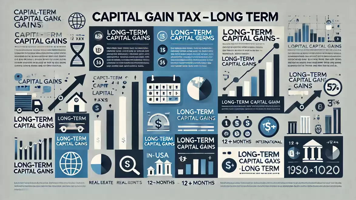Infographic on long-term capital gain tax with charts and icons illustrating figures and concepts.