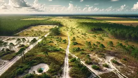 Aerial view of a vast landscape with sandy paths, trees, and open grass areas under a cloudy sky.
