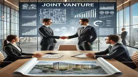 Businessmen shaking hands in a modern office with a presentation screen to seal a joint venture.