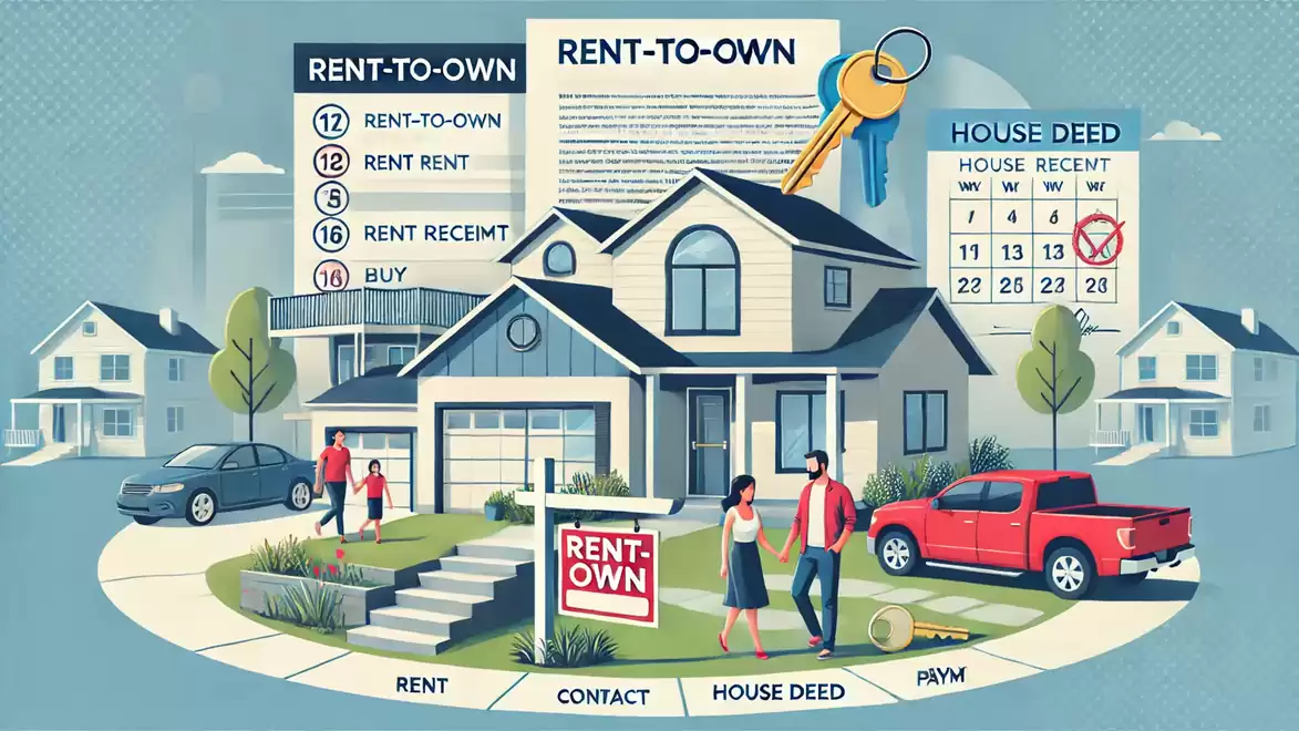 Illustration of a house depicting a rent-to-own model with people in the foreground and documents for contract signing.