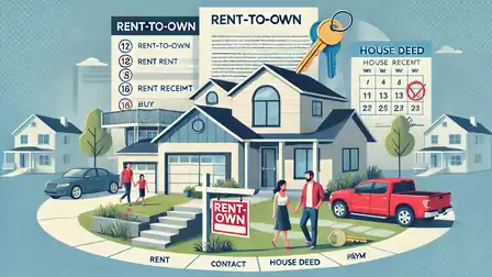 Illustration of a house depicting a rent-to-own model with people in the foreground and documents for contract signing.