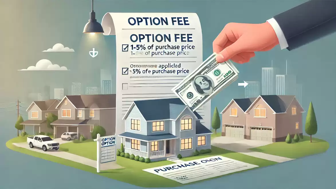 Illustration of a housing block with a purchase option contract and a hand handing over money.