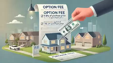 Illustration of a housing block with a purchase option contract and a hand handing over money.